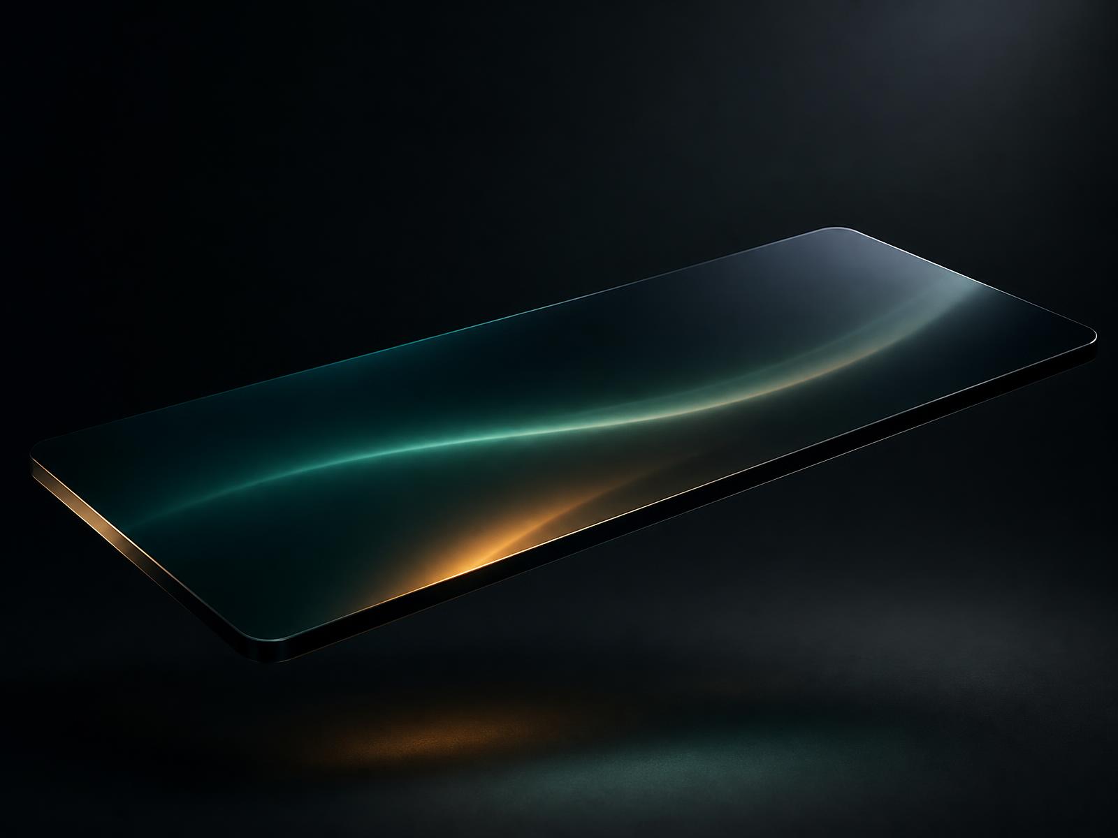 Abstract glass slab refracting teal and amber light